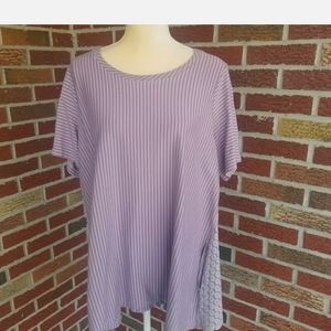 LOGO by Lori Goldstein 1X Short Sleeve Top Purple Lavender Striped Lace Trim